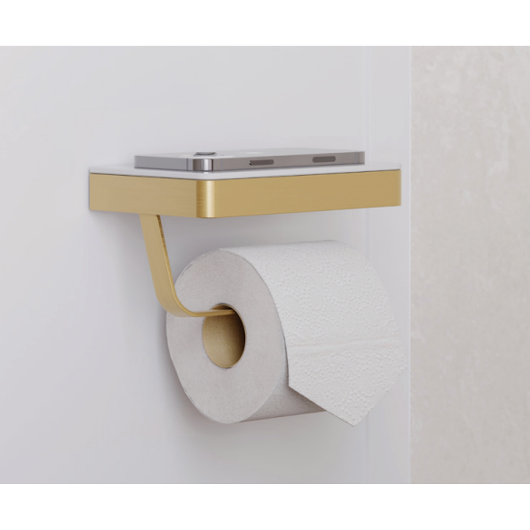 Fienza Tono Toilet Roll Holder With Glass Shelf Sus307 - Urban Brass/White