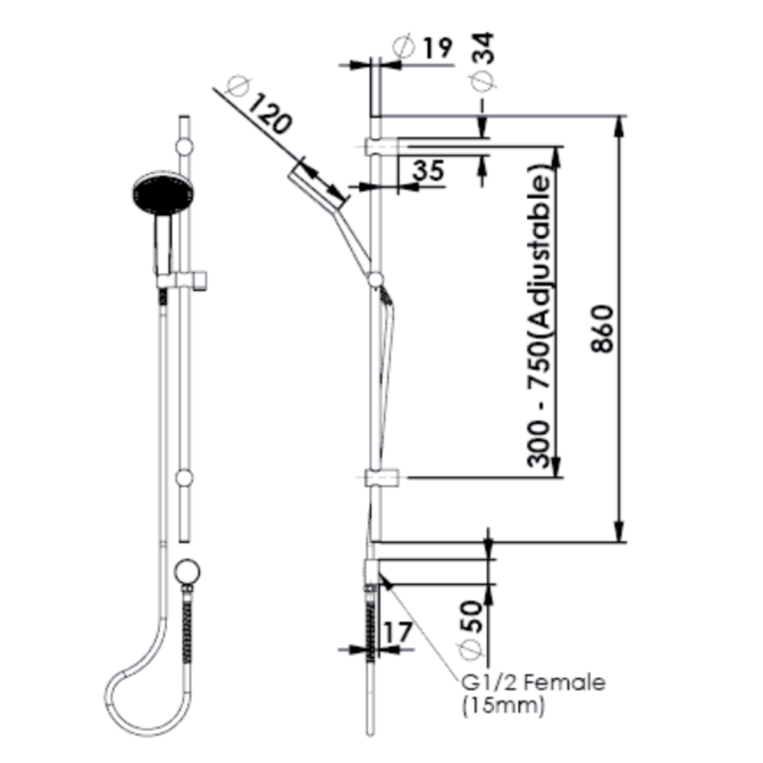 Greens Glide Rainboost Adjustable Rail Shower - Gunmetal