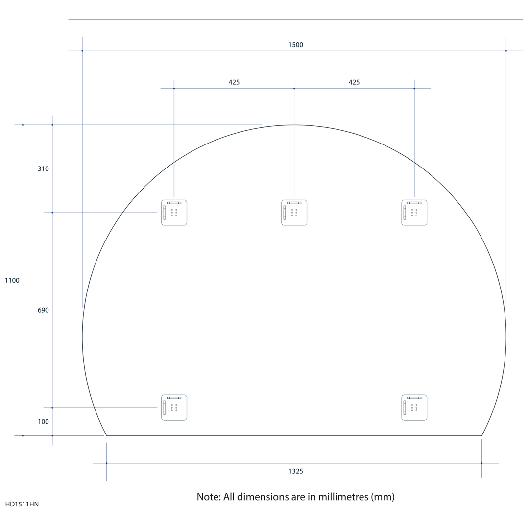 Thermogroup Hamilton D Shaped Polished Edge Mirror 1500x1100mm - With Hangers