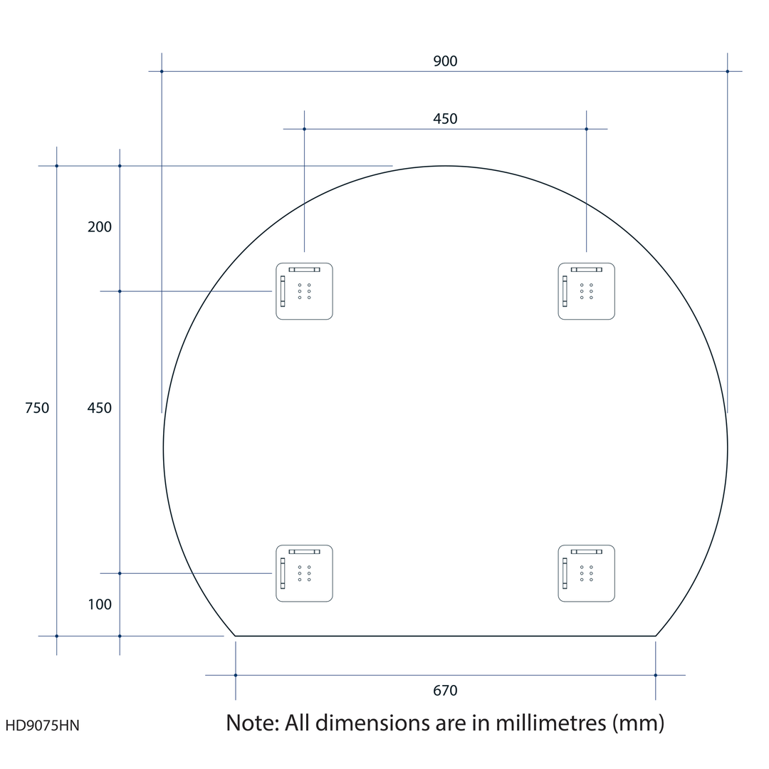 Thermogroup Hamilton D Shaped Polished Edge Mirror 900x750mm - With Hangers and Demister