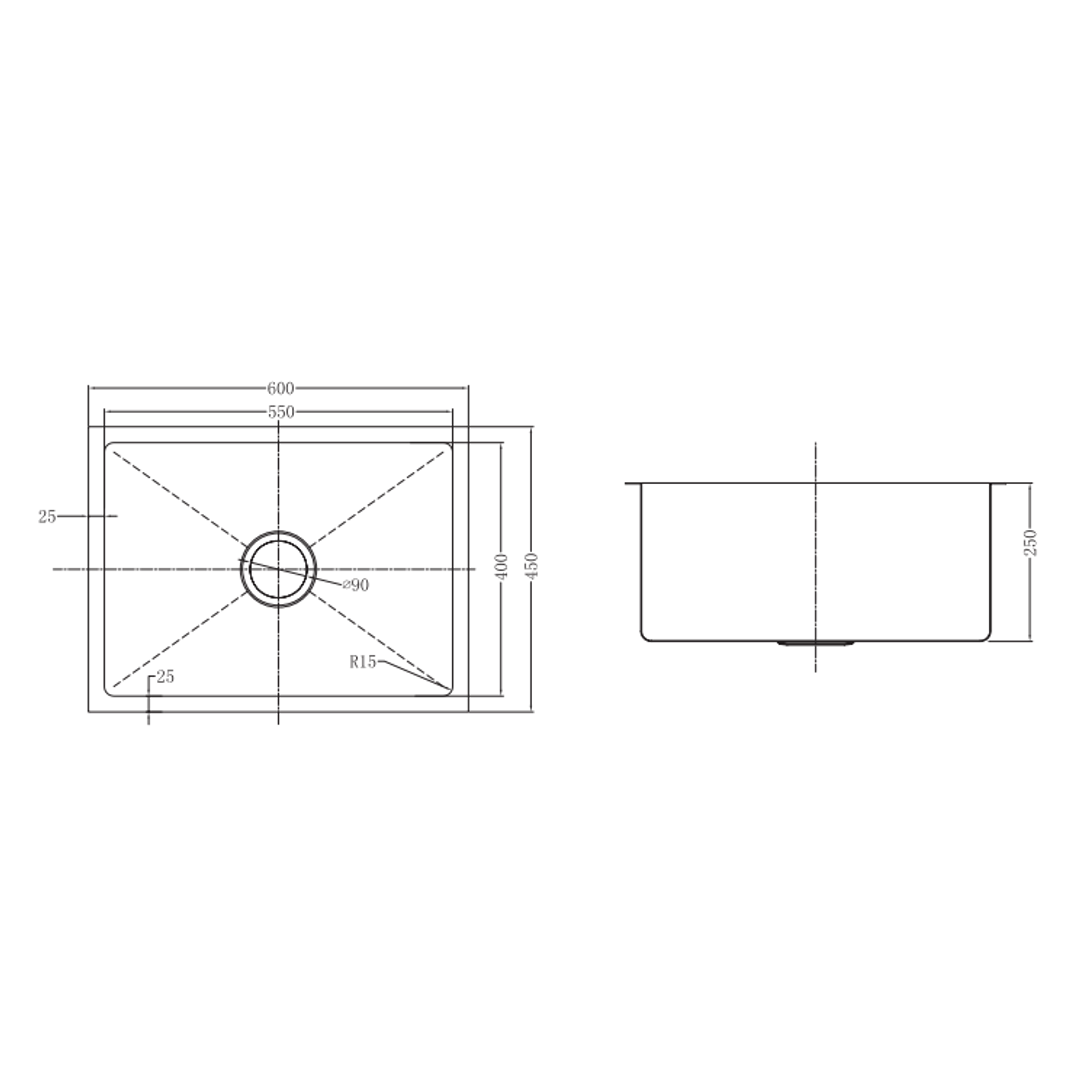 Uptown Single Bowl Interchange Sink 450 X 450 X 200 - Radius Corner