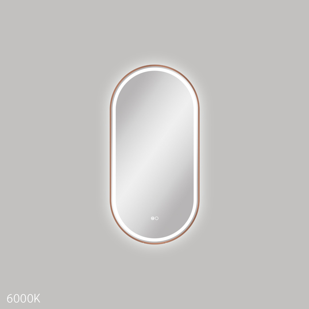 Fienza Empire Led Framed Pill Shaped Mirror C/W Dim Sensor & Demister 450X900 - Brushed Copper