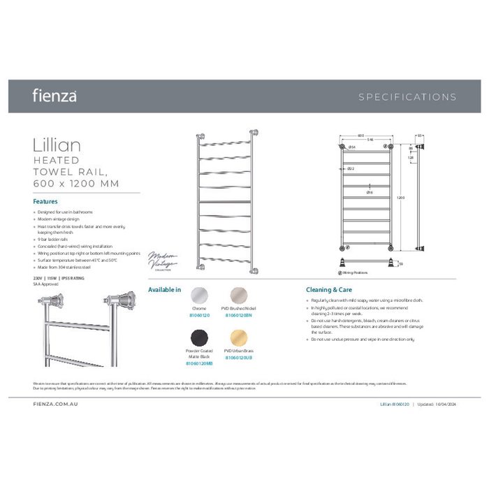 Fienza Lillian Heated Towel Rail 9 Bars 600 X 1208 X 95mm - Brushed Nickel