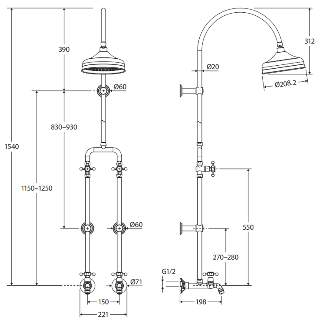 Fienza Lillian Exposed Rail Shower & Bath Set - Urban Brass Finish