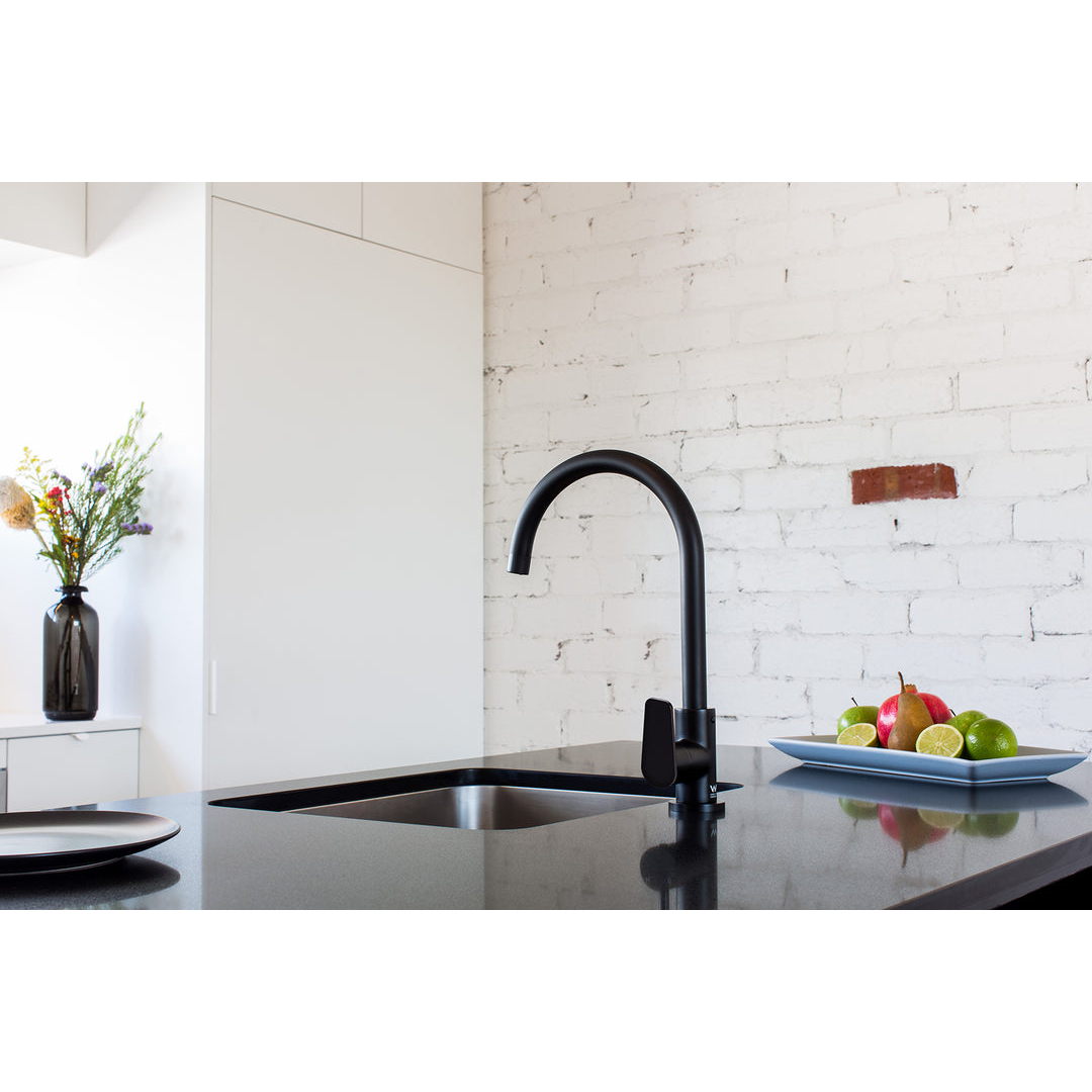 Meir Round Paddle Gooseneck Kitchen Mixer Tap - Matte Black