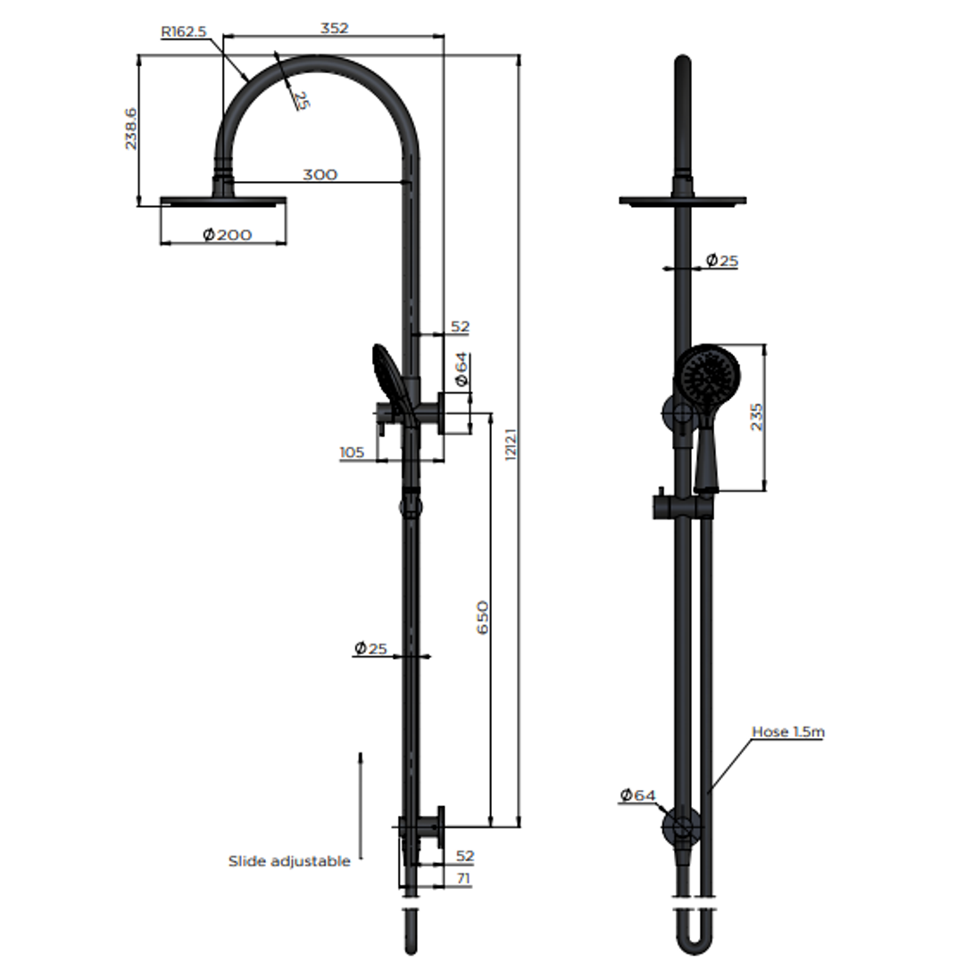 Meir 200Mm Round Overhead Shower Rail Three Function Hand Shower - Lustre Bronze