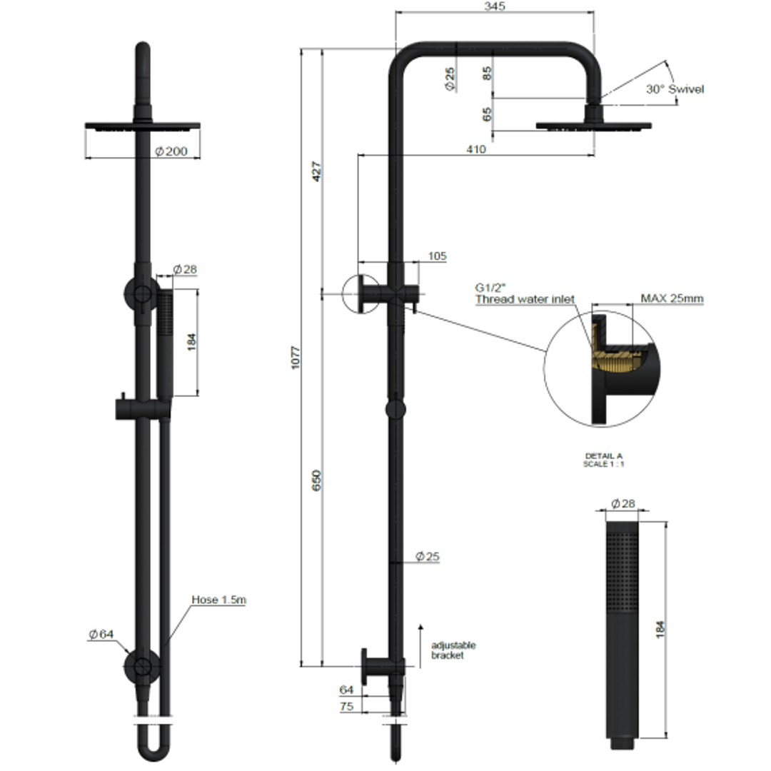 Meir Round Combination Shower Rail 200Mm Rose Three Function Hand Shower - Champagne