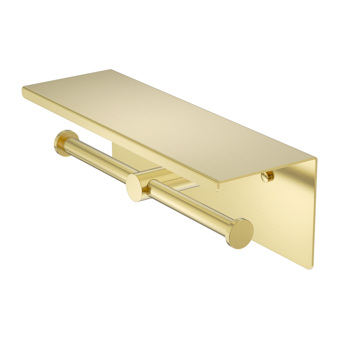 Nero Mecca Double Toilet Roll Holder With Shelf - Brushed Gold