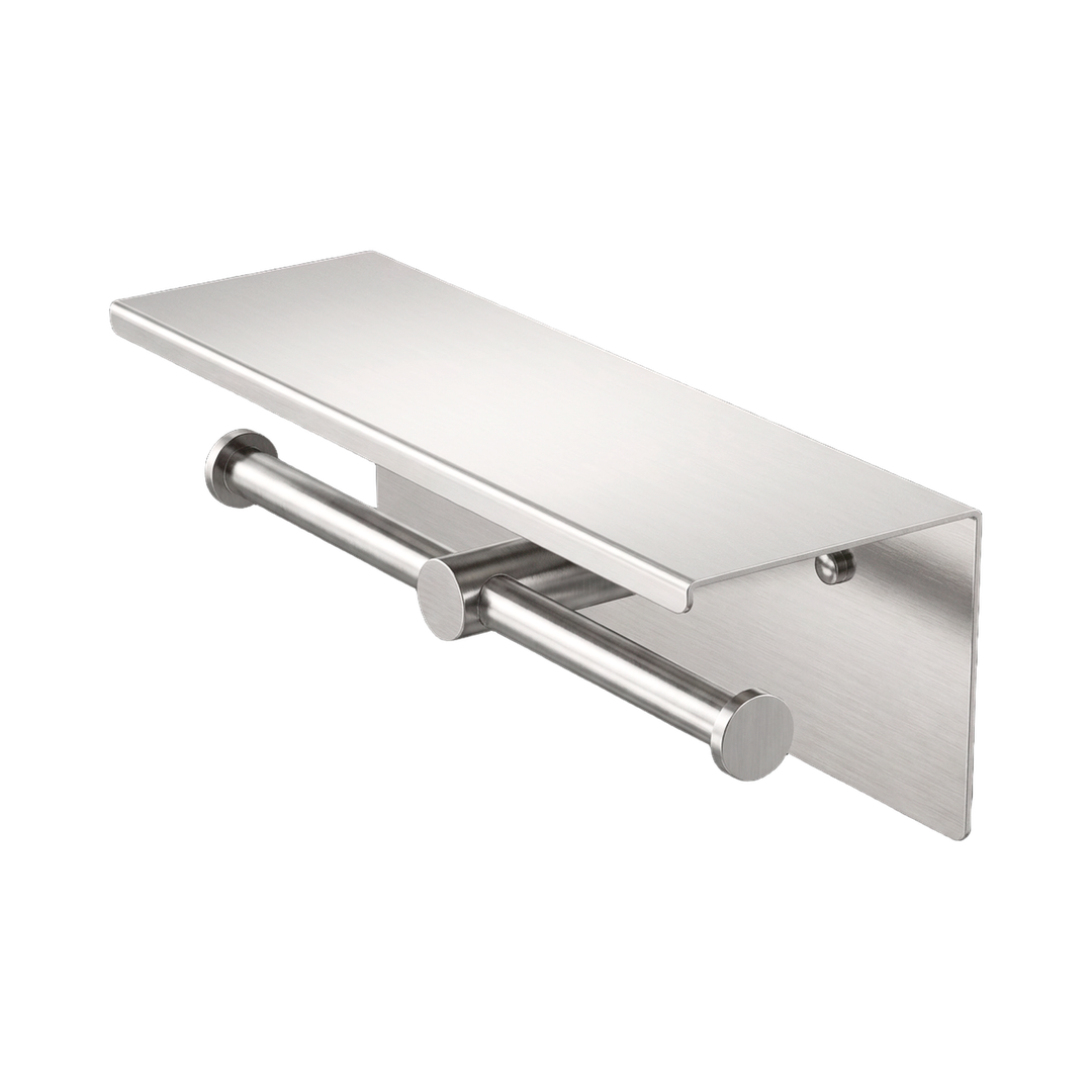 Nero Mecca Double Toilet Roll Holder With Shelf - Brushed Nickel