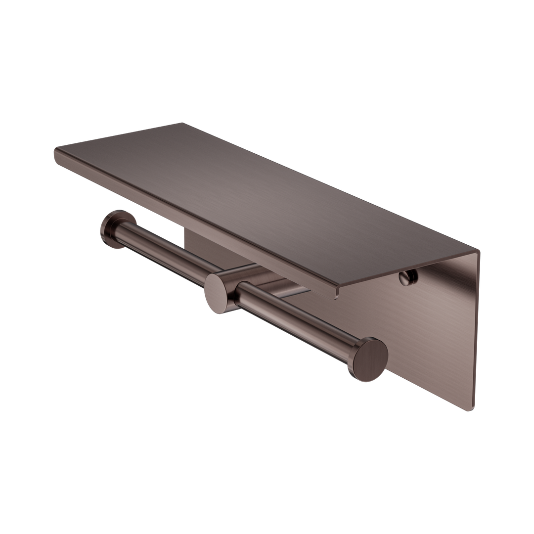 Nero Mecca Double Toilet Roll Holder With Shelf - Brushed Bronze