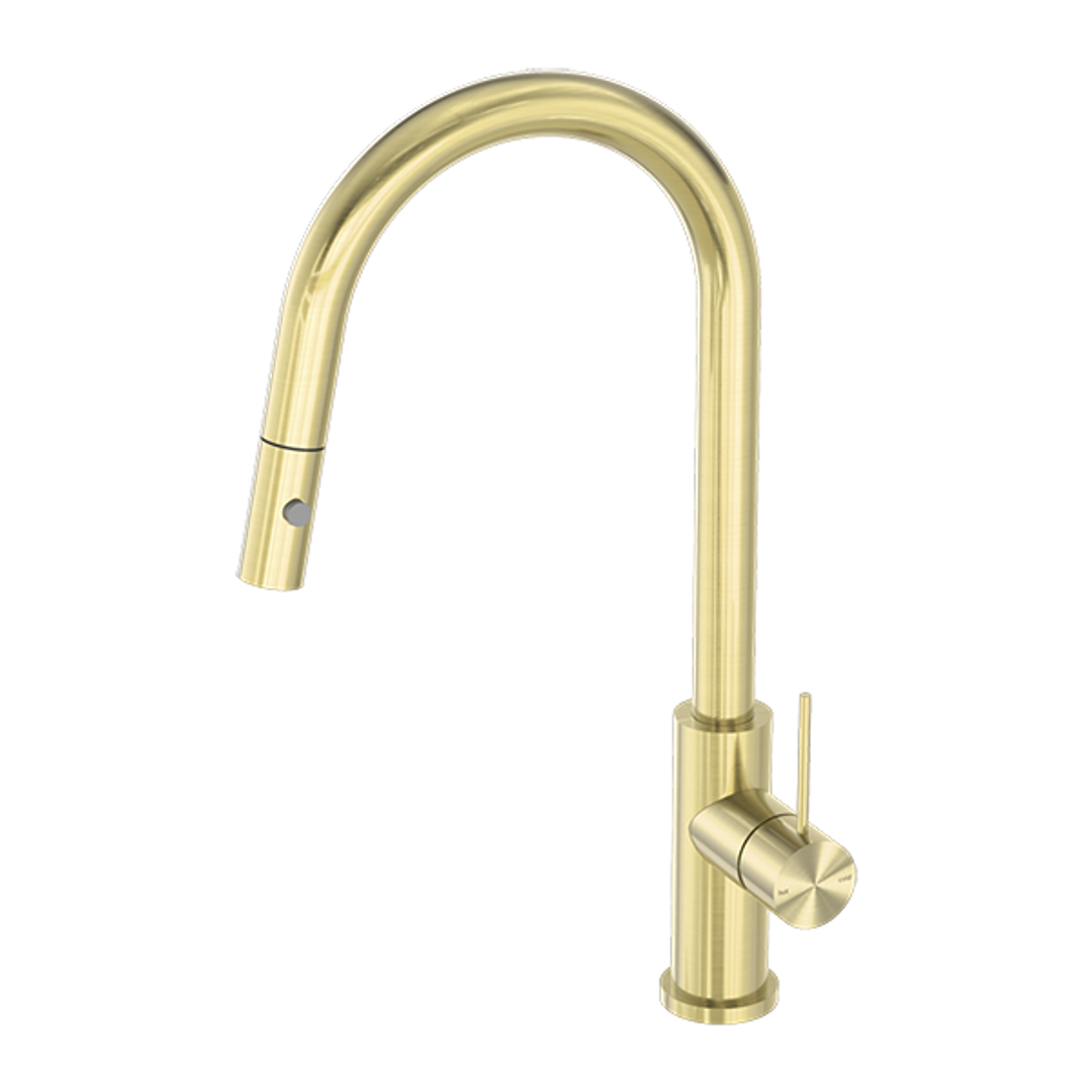 Nero Mecca Gooseneck Pull Out Sink Mixer With Vegie Spray - Brushed Gold