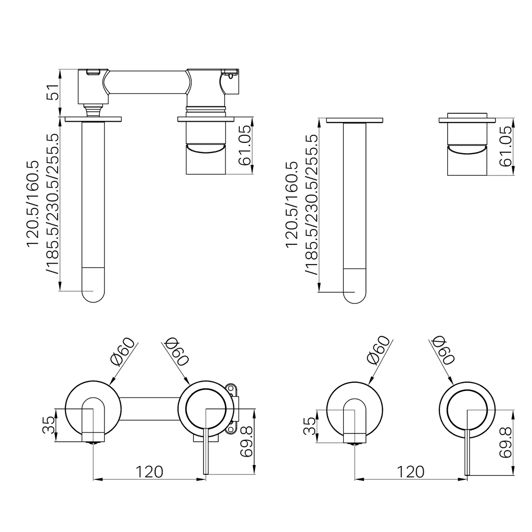 Nero Mecca Wall Basin/Bath Mixer Separate Back Plate 230Mm Trim Kits Only - Brushed Gold