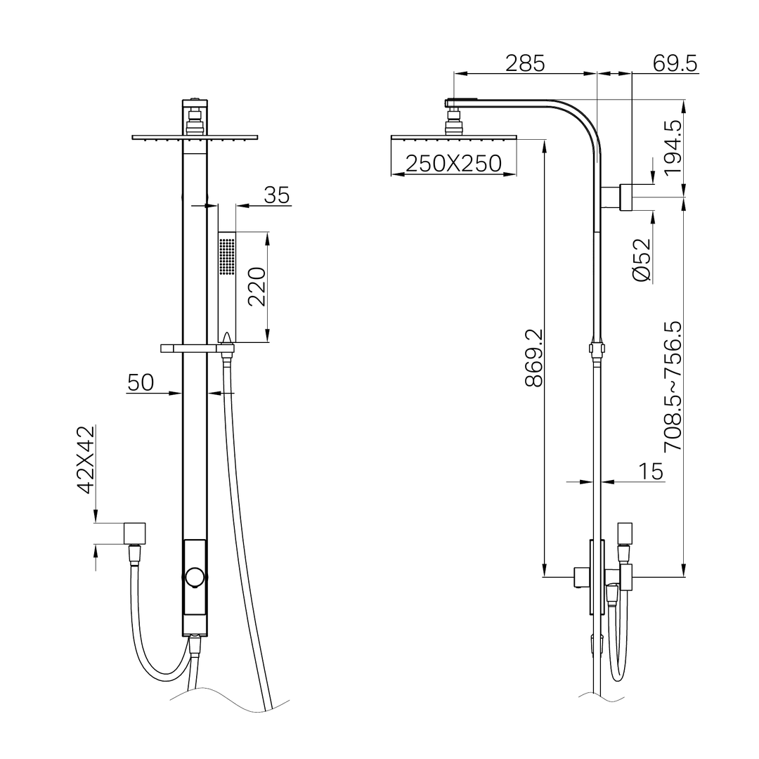 Rain Square Nero Shower Set Double Hose Shower - Chrome