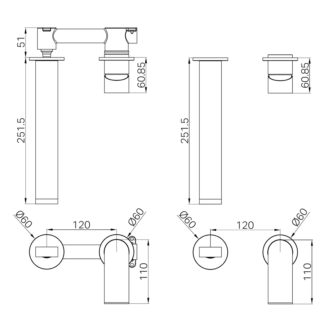 Nero Bianca Wall Basin/Bath Mixer Separate Back Plate 230Mm - Brushed Gold