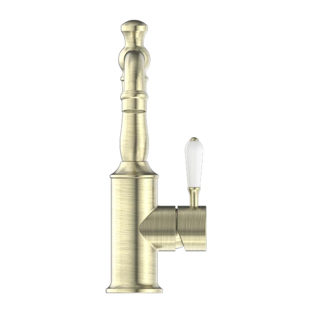 Nero York Basin Mixer With White Porcelain Lever - Aged Brass