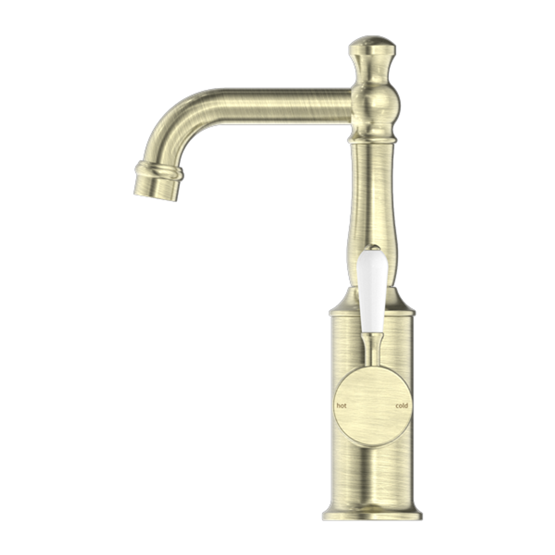 Nero York Basin Mixer With White Porcelain Lever - Aged Brass