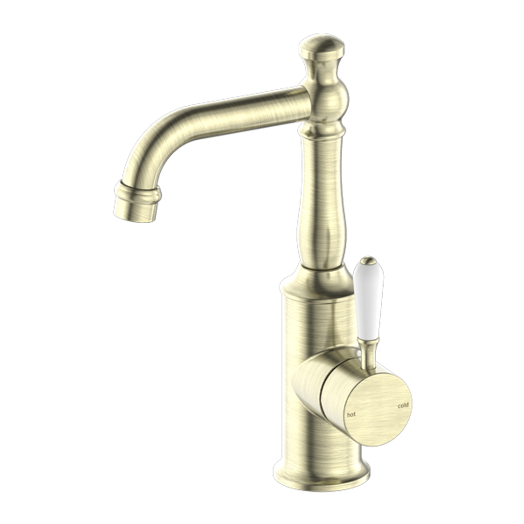 Nero York Basin Mixer With White Porcelain Lever - Aged Brass