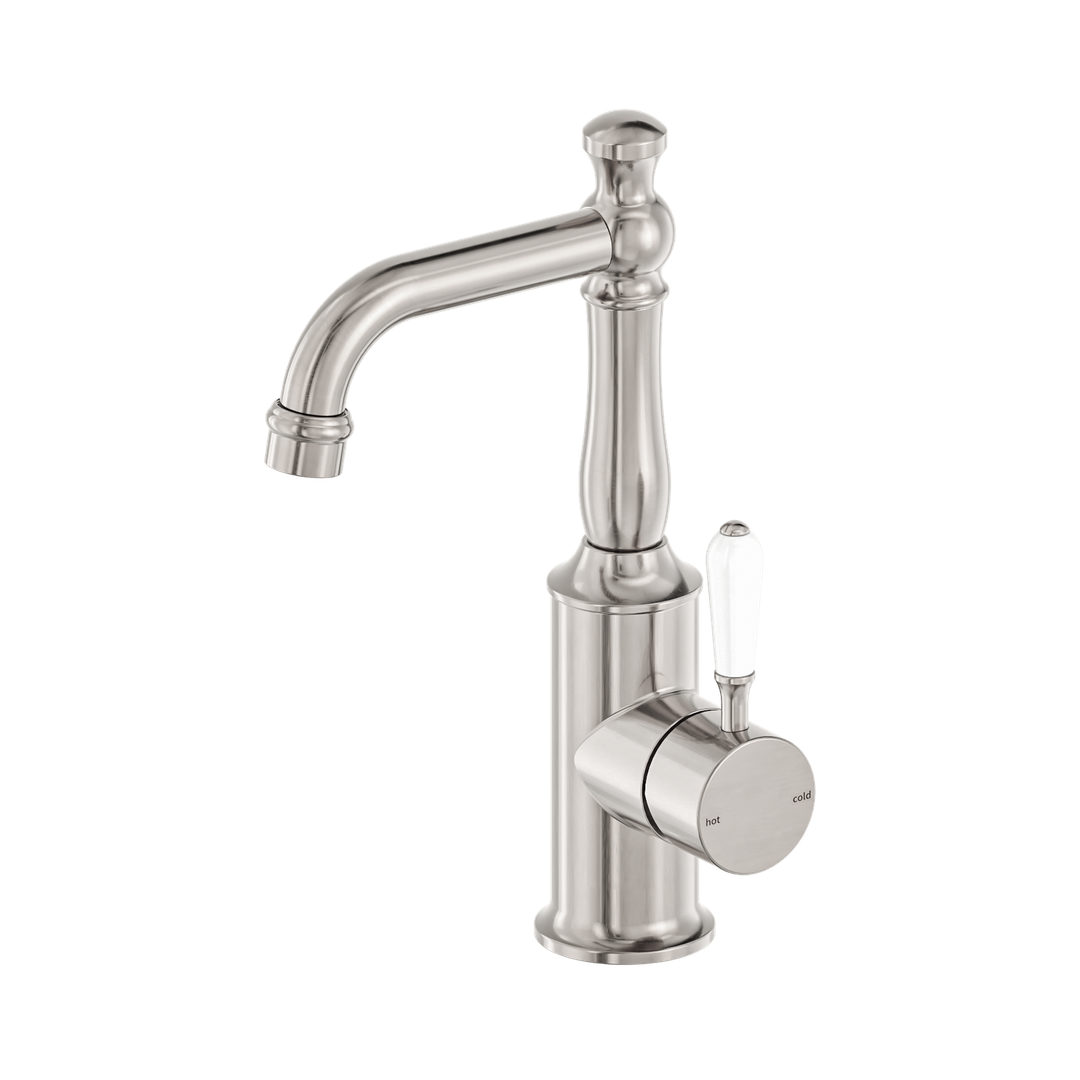 Nero York Basin Mixer With White Porcelain Lever - Brushed Nickel