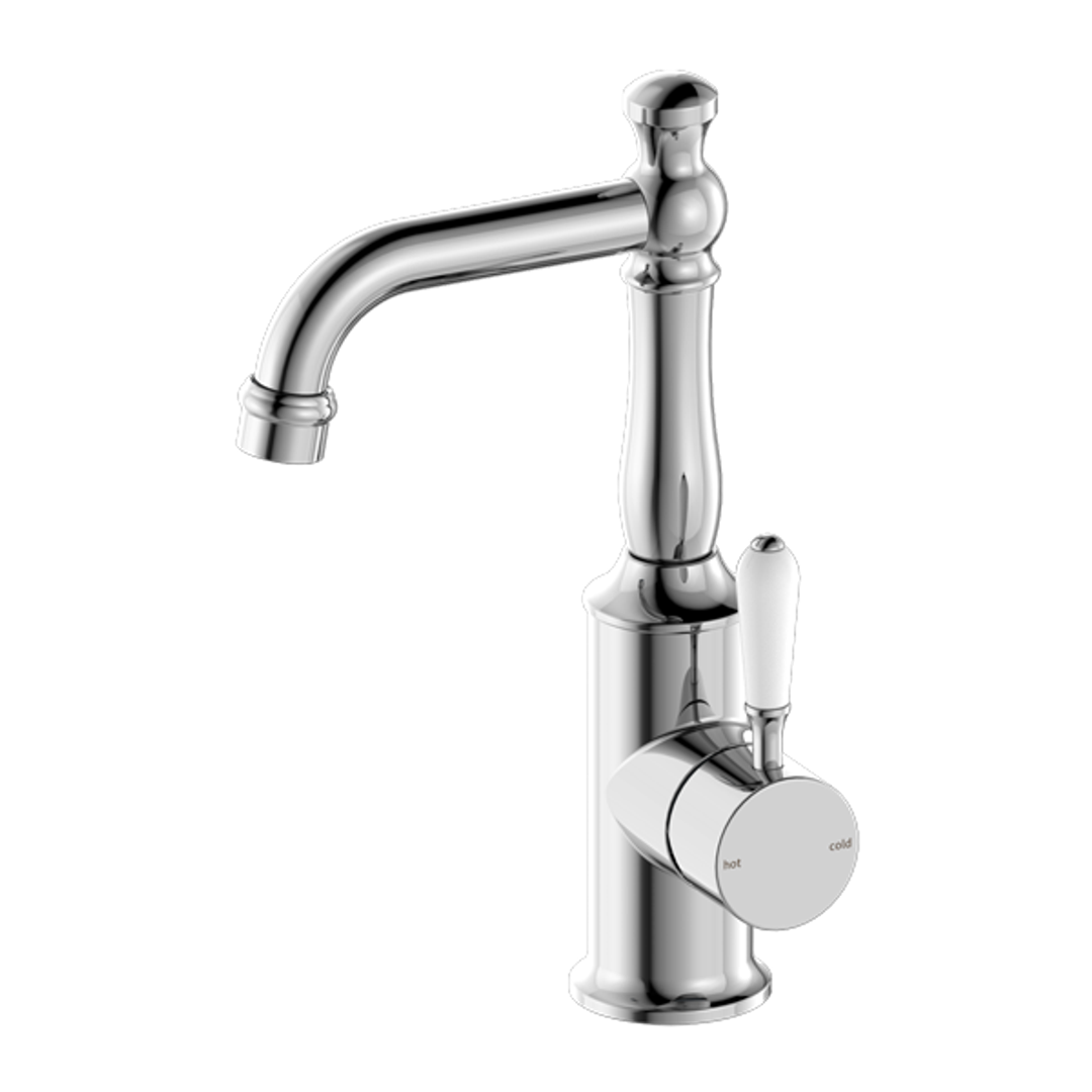 Nero York Basin Mixer With White Porcelain Handle - Chrome