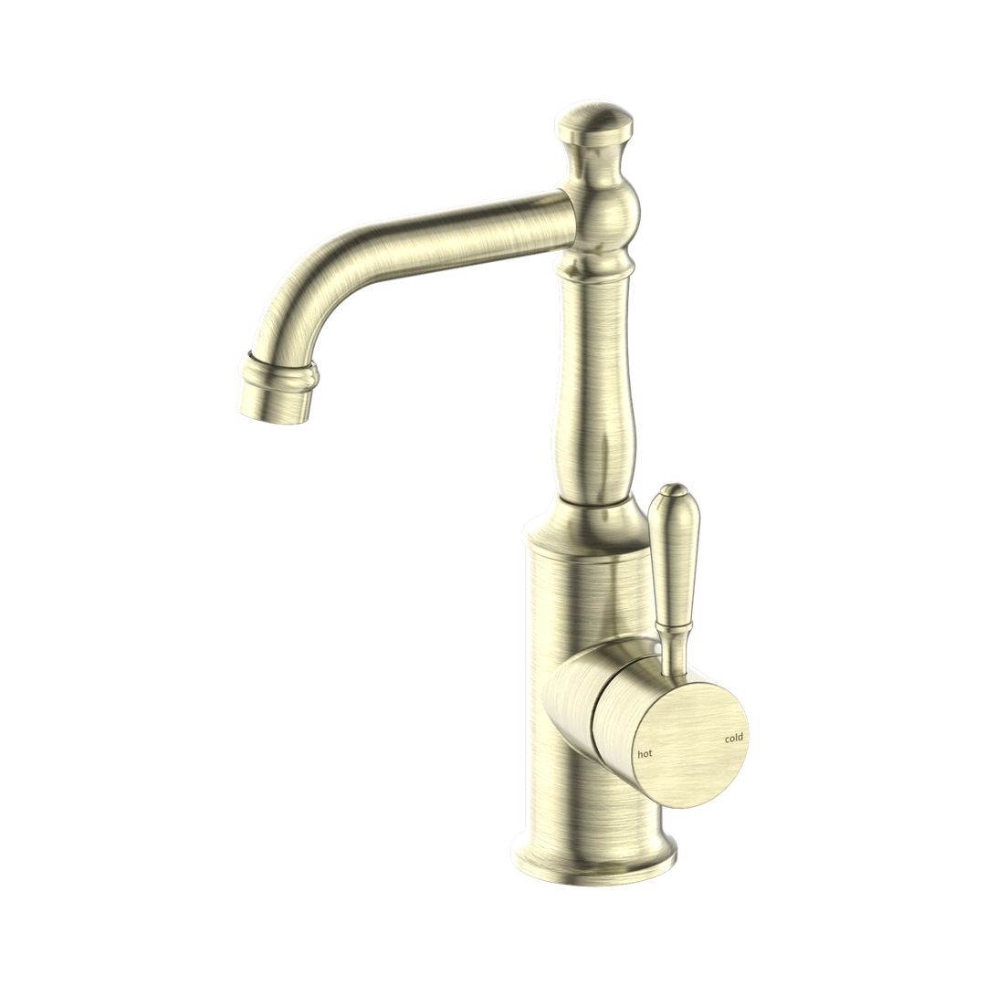 Nero York Basin Mixer With Metal Lever - Aged Brass