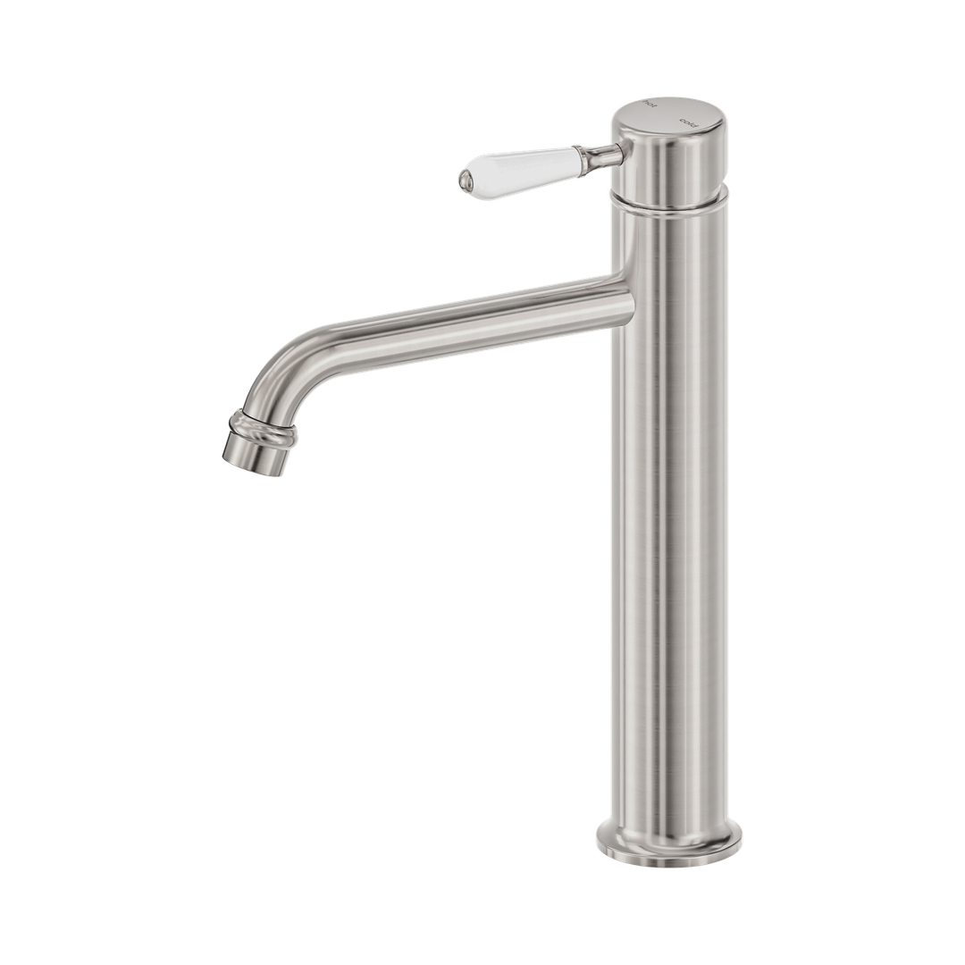 Nero York Straight Tall Basin Mixer With White Porcelain Lever - Brushed Nickel