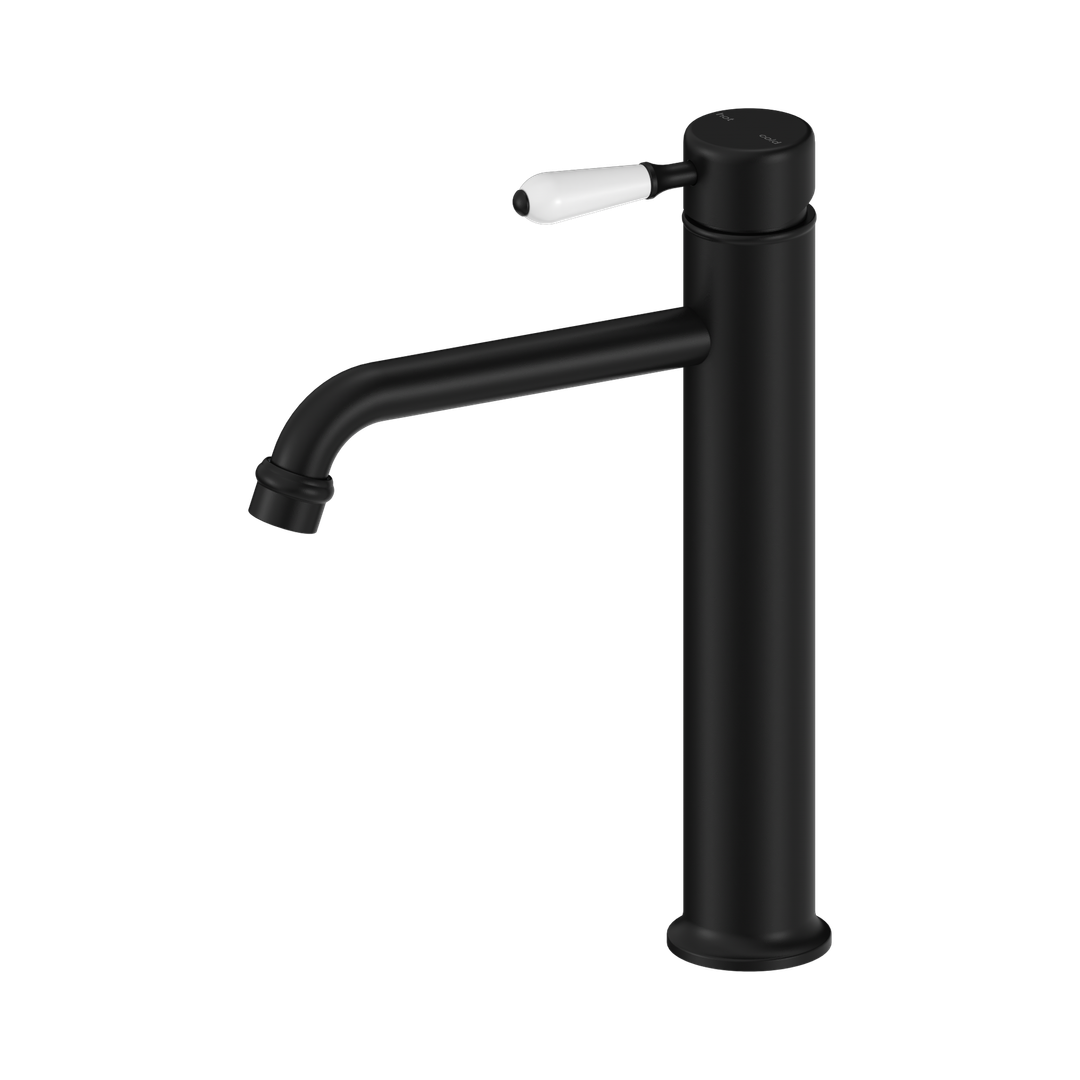 Nero York Straight Tall Basin Mixer With White Porcelain Lever - Matte Black