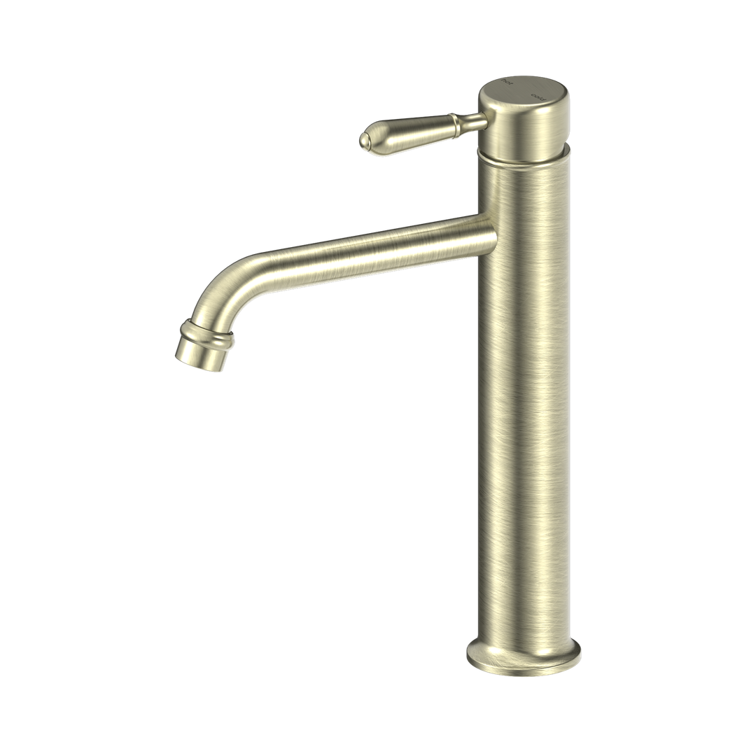 Nero York Straight Tall Basin Mixer With Metal Lever - Aged Brass