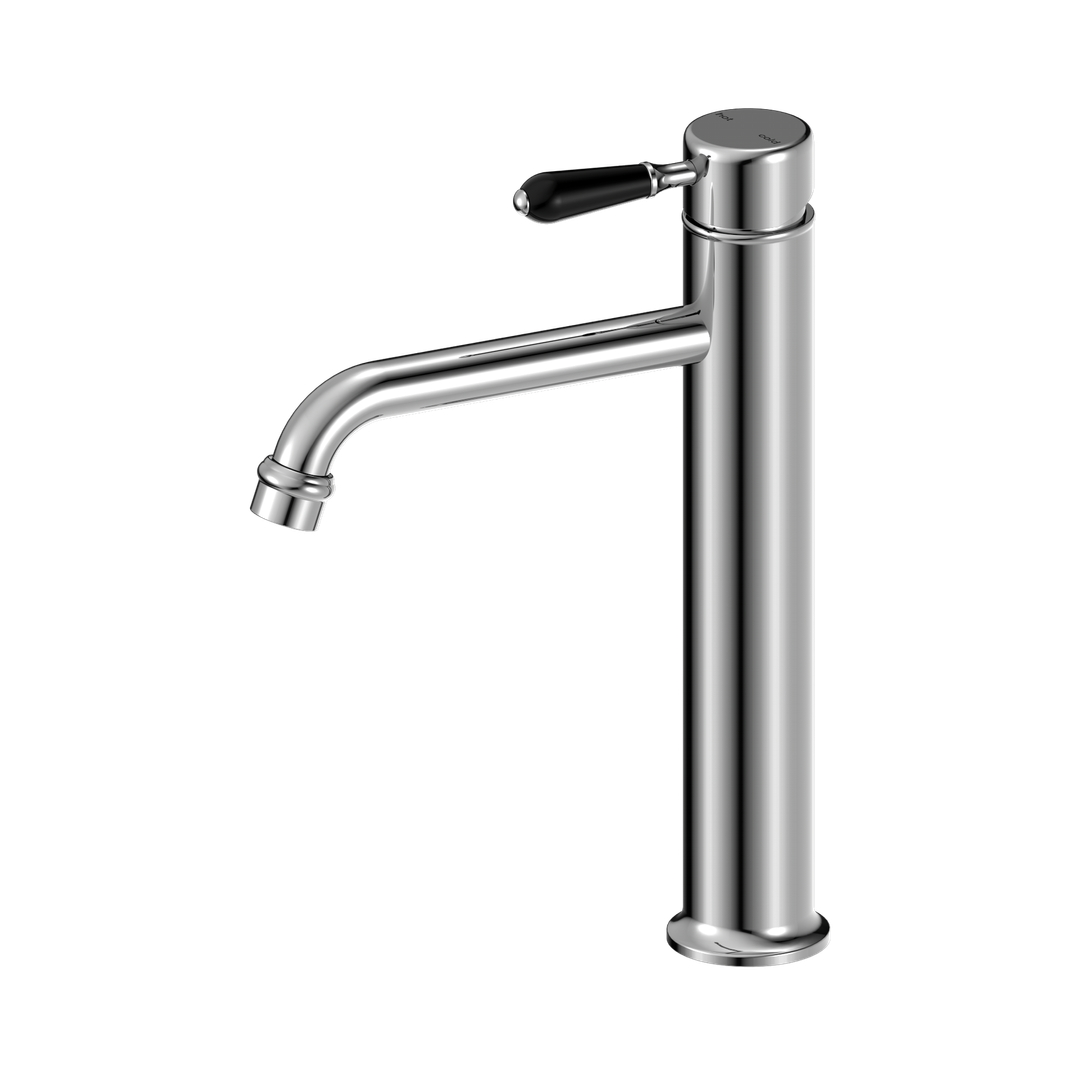Nero York Straight Tall Basin Mixer With Black Porcelain Lever - Chrome