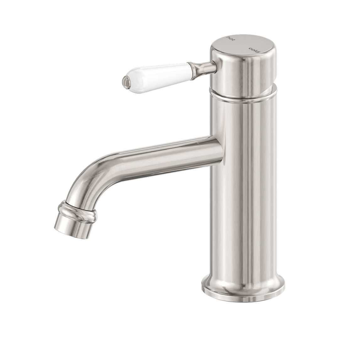 Nero York Straight Basin Mixer With White Porcelain Lever - Brushed Nickel