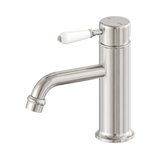 Nero York Straight Basin Mixer With White Porcelain Lever - Brushed Nickel