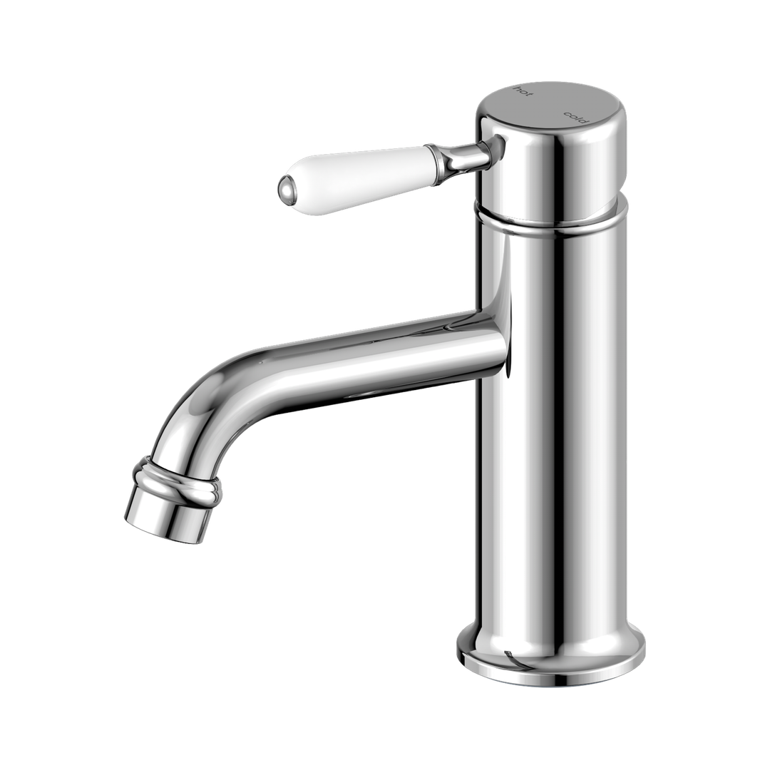 Nero York Straight Basin Mixer With White Porcelain Lever - Chrome