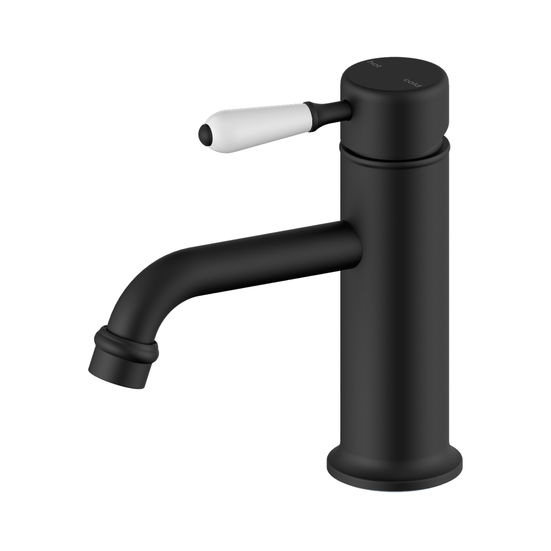 Nero York Straight Basin Mixer With White Porcelain Lever - Matte Black