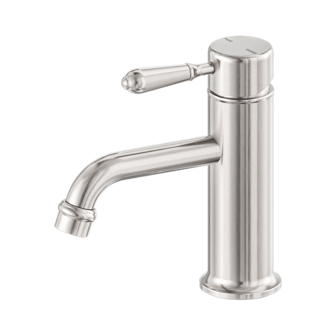 Nero York Straight Basin Mixer With Metal Lever - Brushed Nickel