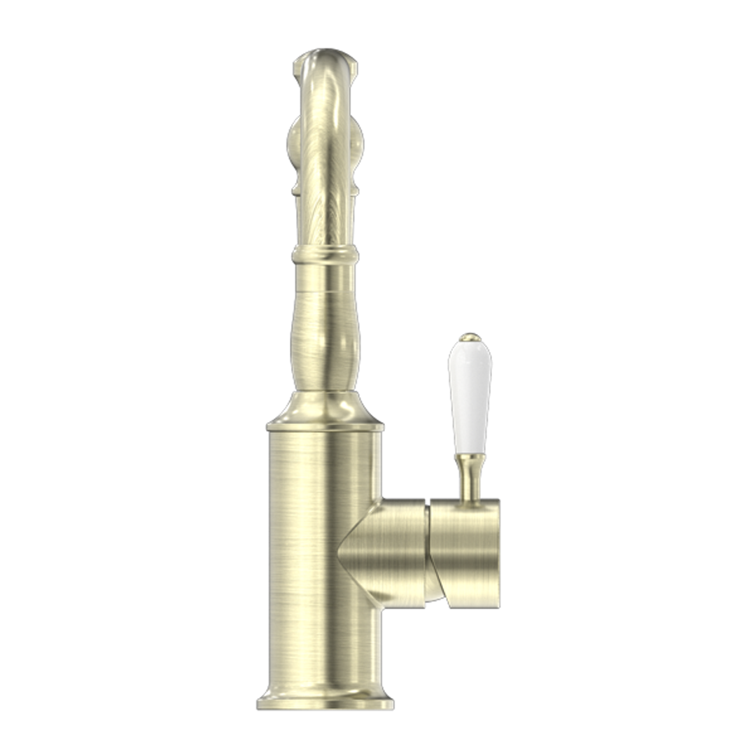 Nero York Basin Mixer Hook Spout With White Porcelain Lever - Aged Brass