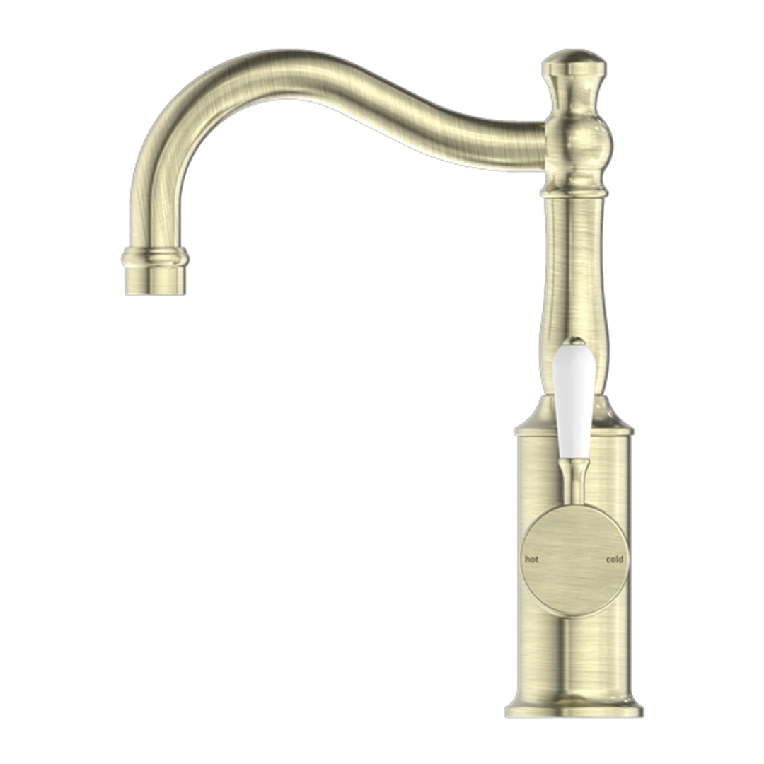 Nero York Basin Mixer Hook Spout With White Porcelain Lever - Aged Brass