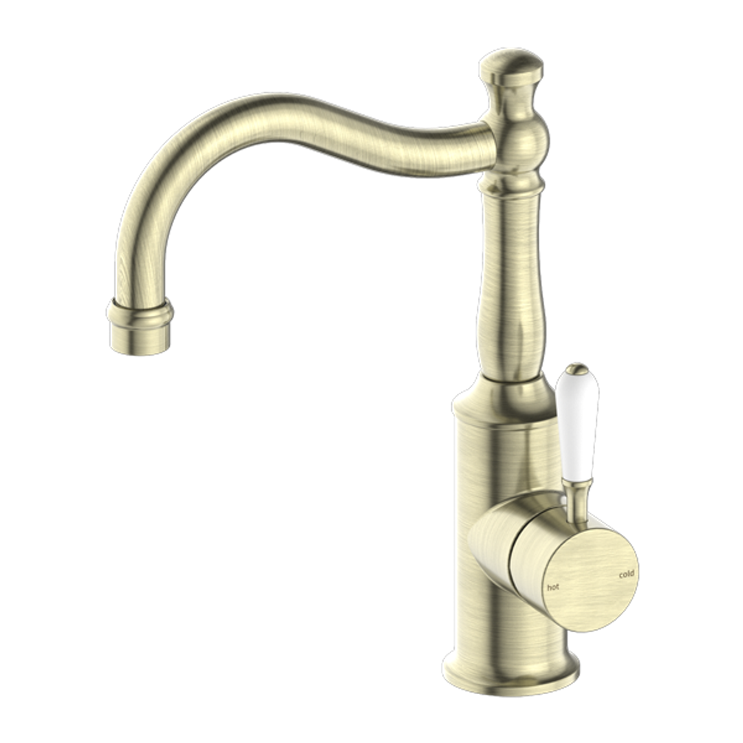 Nero York Basin Mixer Hook Spout With White Porcelain Lever - Aged Brass