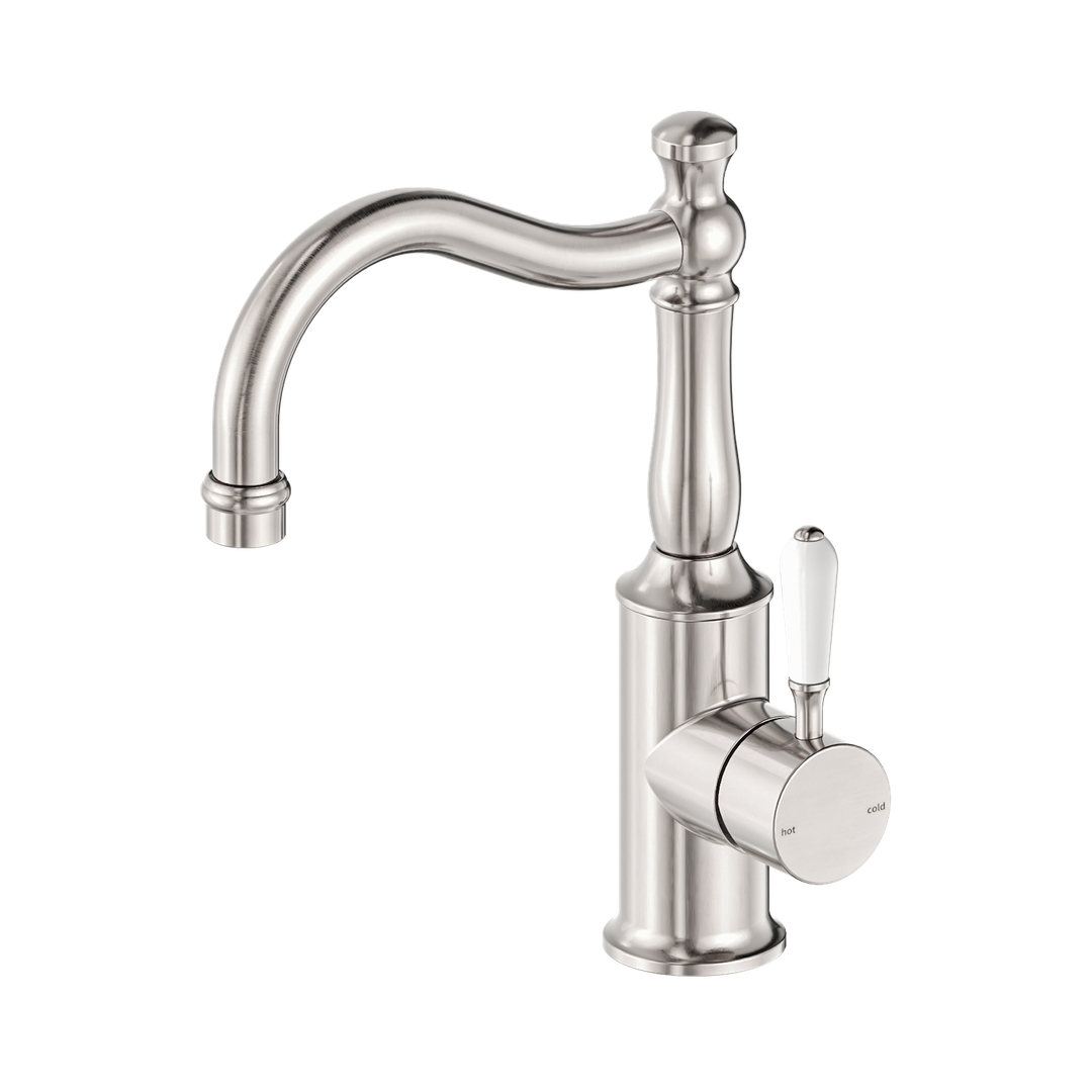Nero York Basin Mixer Hook Spout With White Porcelain Lever - Brushed Nickel