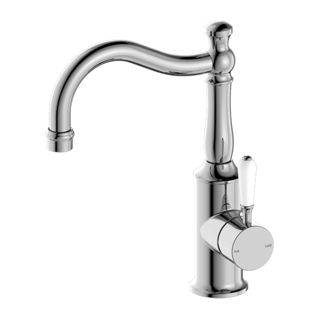 Nero York Basin Mixer White Porcelain Lever Hook Spout - Chrome