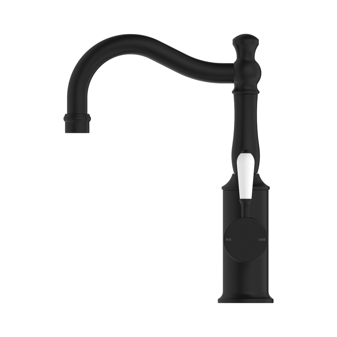 York Basin Nero Mixer Hook Spout With White Porcelain Lever - Matte Black