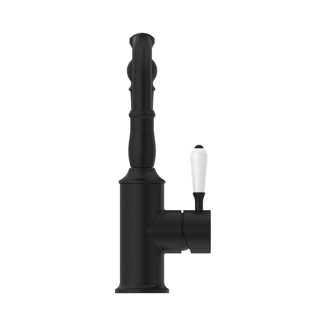York Basin Nero Mixer Hook Spout With White Porcelain Lever - Matte Black
