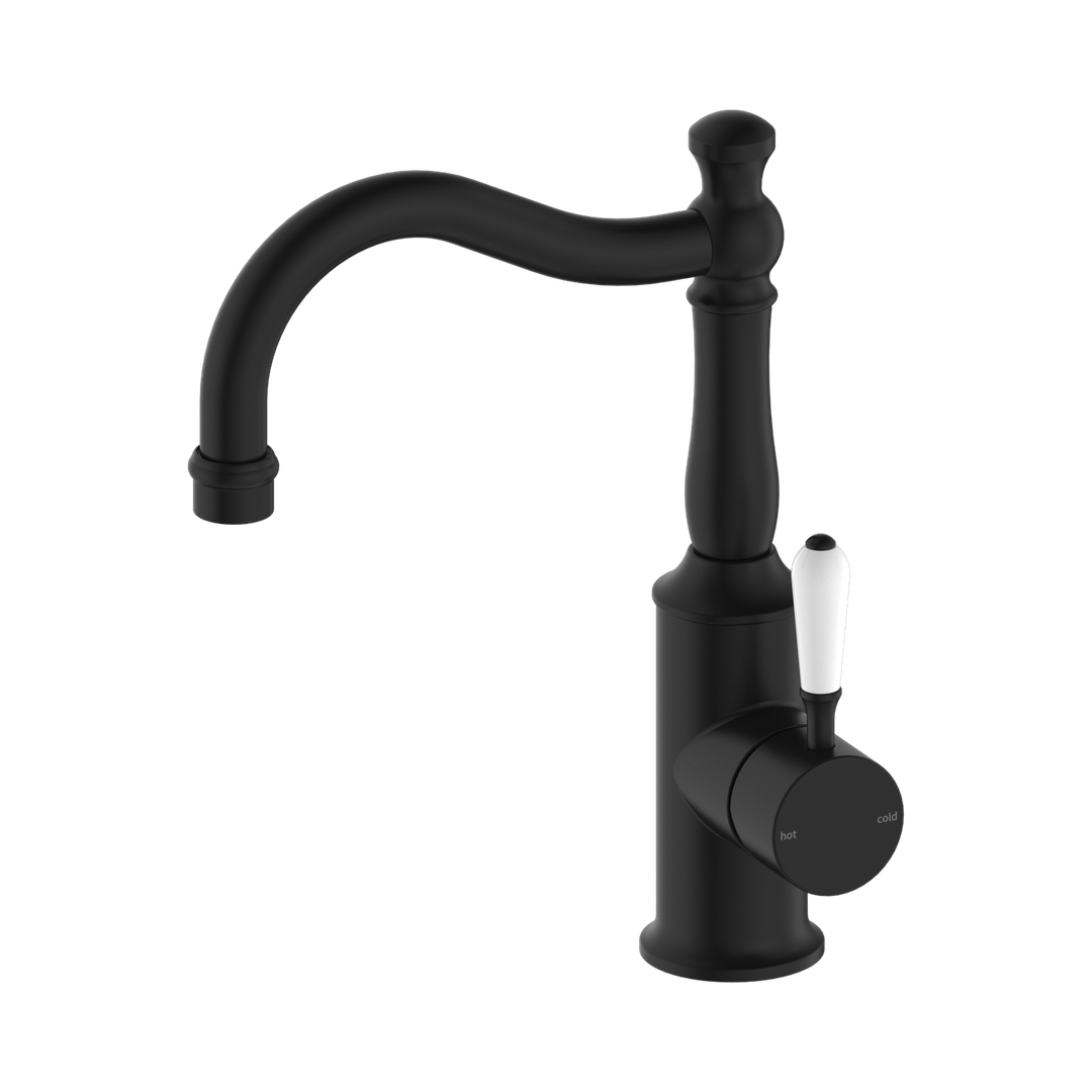 York Basin Nero Mixer Hook Spout With White Porcelain Lever - Matte Black