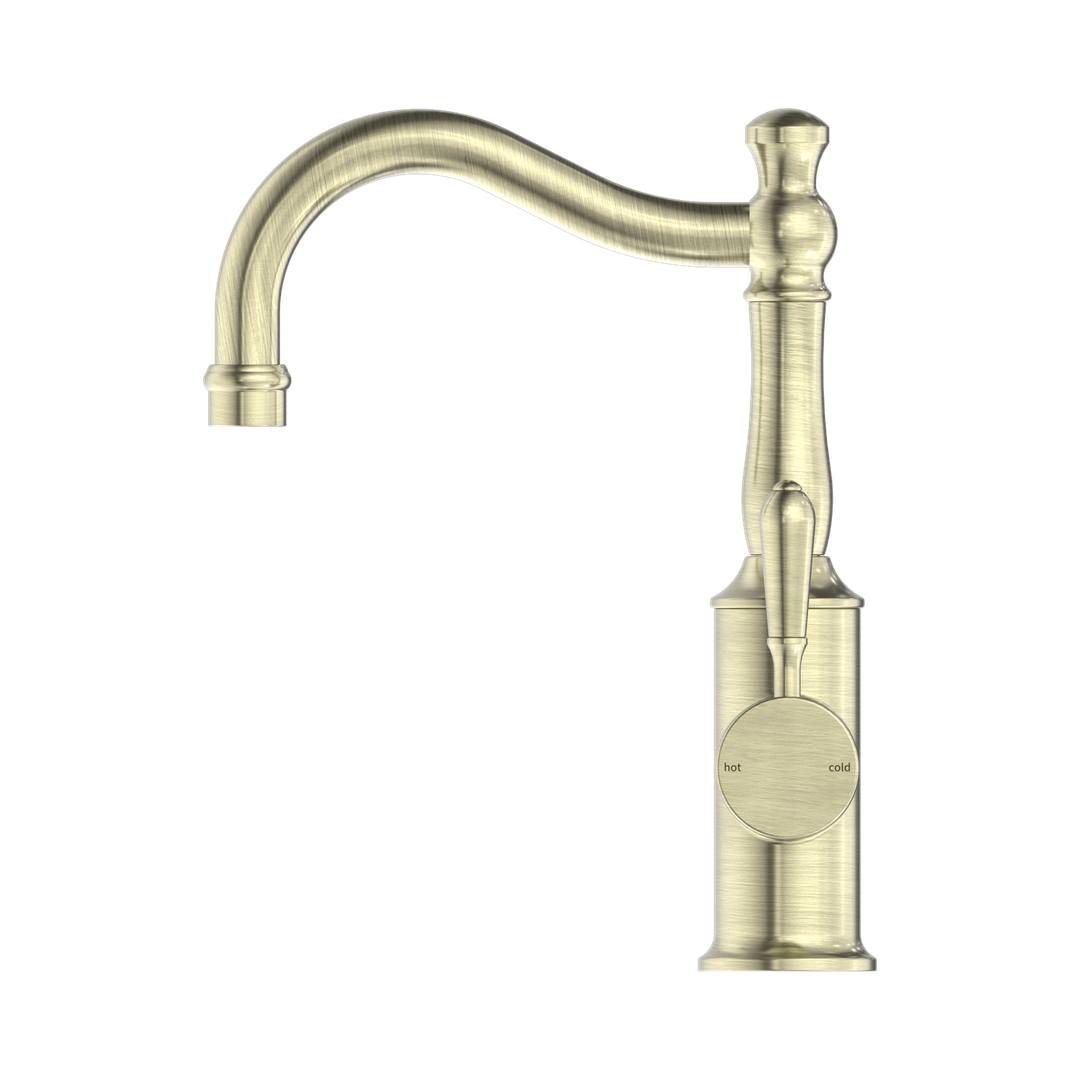 York Basin Nero Mixer Hook Spout With Metal Lever - Aged Brass