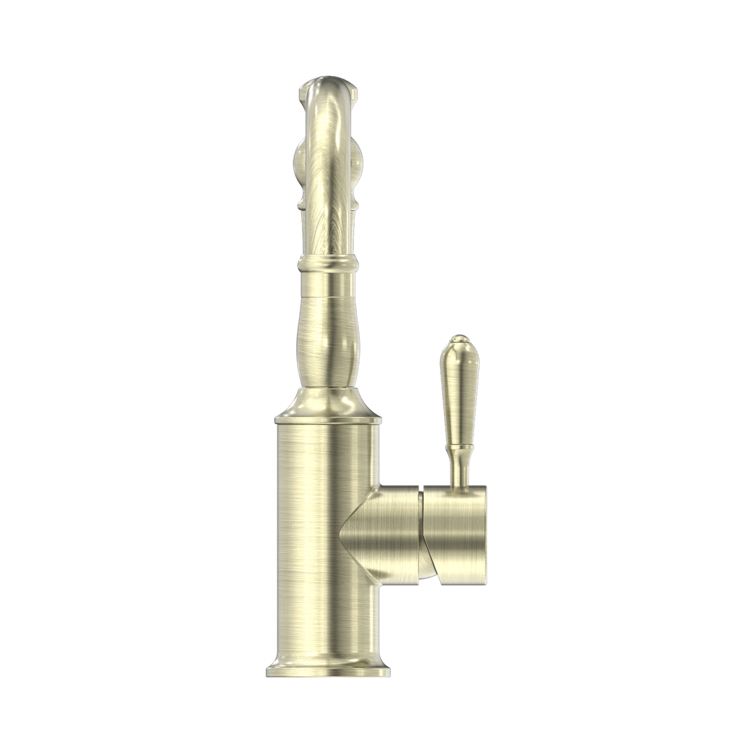 York Basin Nero Mixer Hook Spout With Metal Lever - Aged Brass