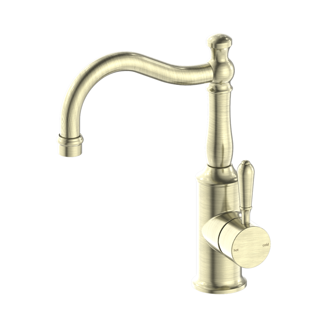 York Basin Nero Mixer Hook Spout With Metal Lever - Aged Brass