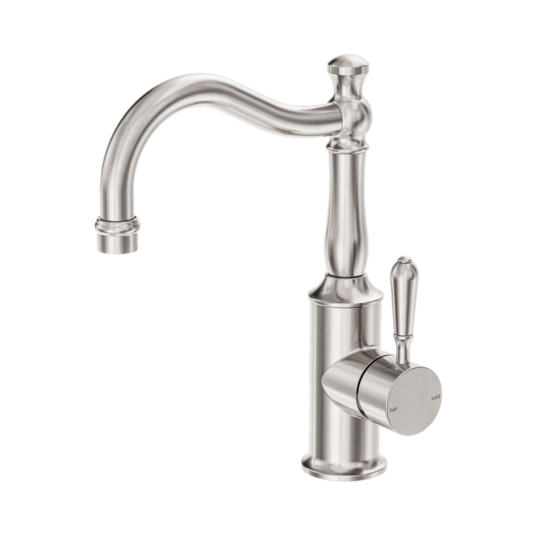 Nero York Basin Mixer Hook Spout With Metal Lever - Brushed Nickel