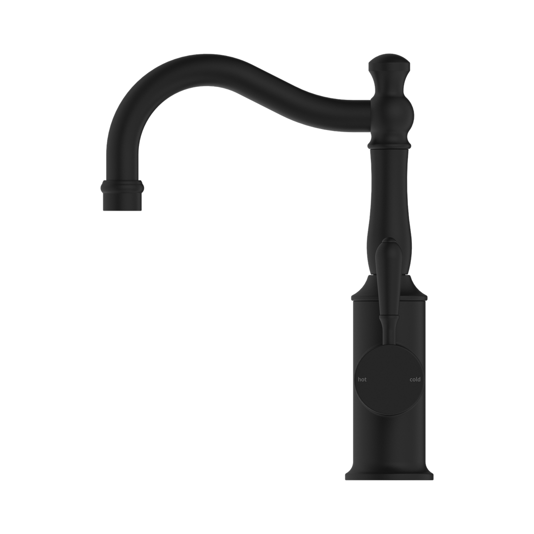 NERO YORK BASIN MIXER HOOK SPOUT WITH METAL LEVER - Matte Black