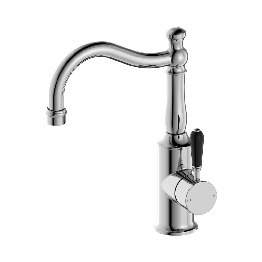 Nero York Basin Mixer Hook Spout With Black Porcelain Lever - Chrome