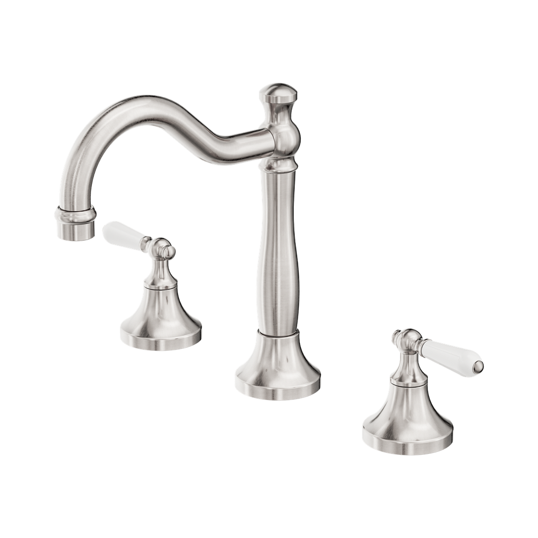 Nero York Basin Set With White Porcelain Lever - Brushed Nickel