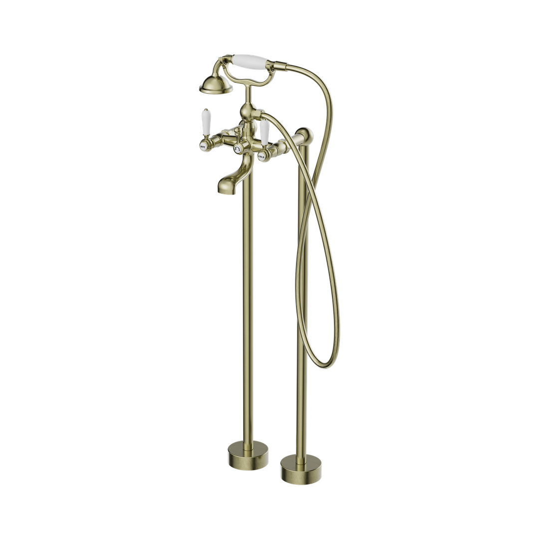 Nero York Freestanding Bath Set With White Porcelain Hand Shower - Aged Brass