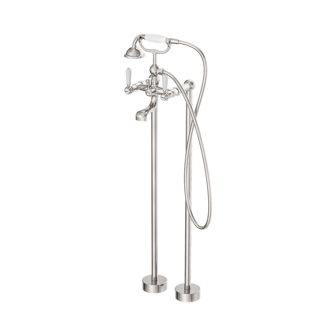 Nero York Freestanding Bath Set With White Porcelain Hand Shower - Brushed Nickel